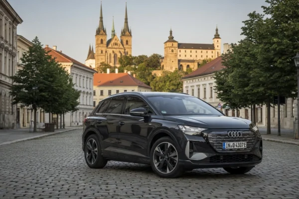 Audi Q4 e-tron 2026 facelift, 3/4 pohled zepředu v Brně s Petrovem a Špilberkem