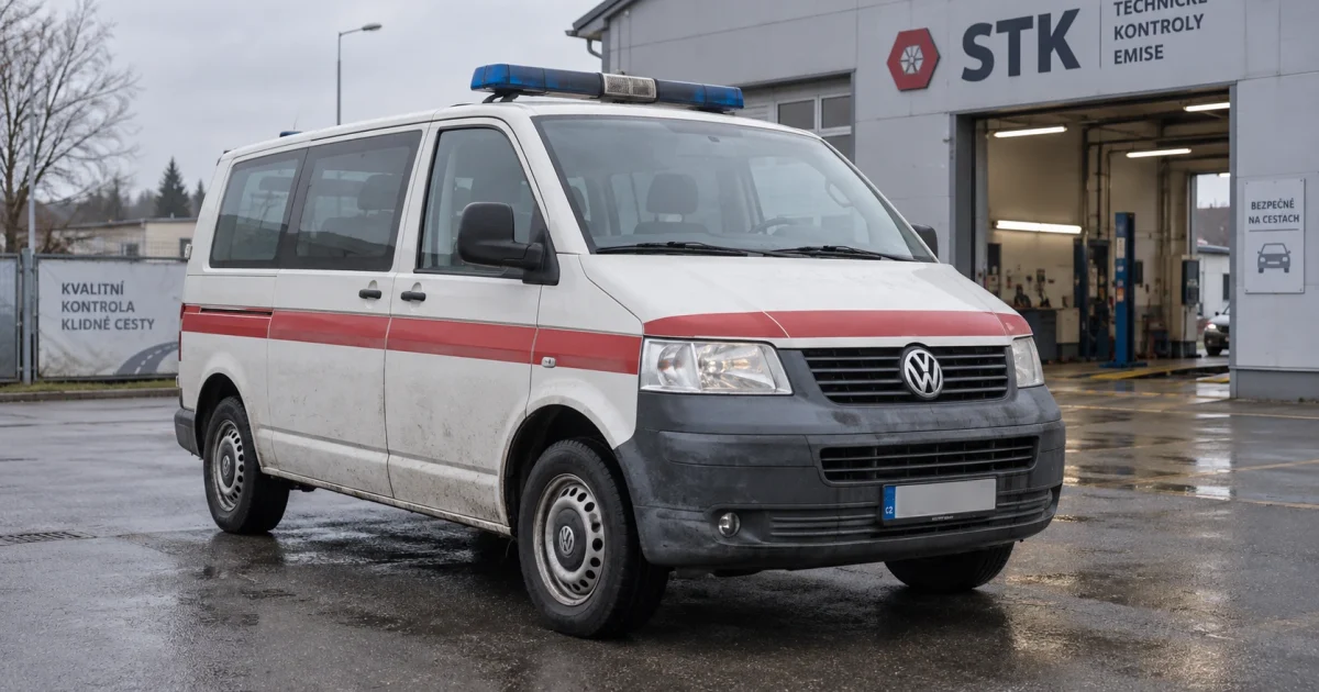 AI ilustrace sanitního Volkswagenu Transporter T5 před stanicí technické kontroly