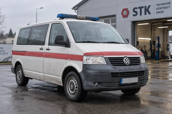 AI ilustrace sanitního Volkswagenu Transporter T5 před stanicí technické kontroly