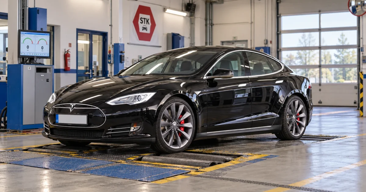 AI ilustrace Tesly Model S první generace na stanici technické kontroly STK