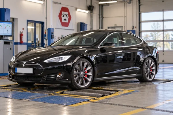 AI ilustrace Tesly Model S první generace na stanici technické kontroly STK