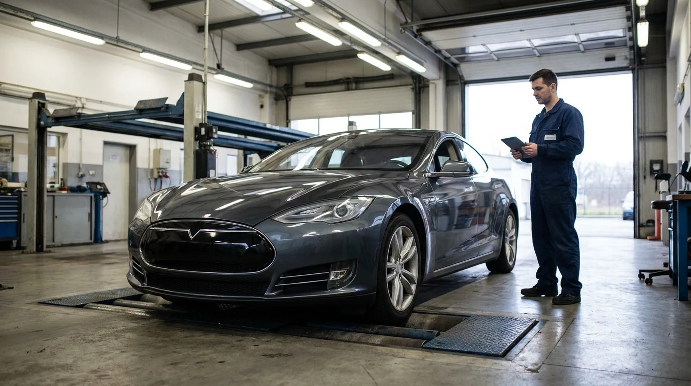 AI ilustrace Tesly Model S první generace na lince stanice technické kontroly