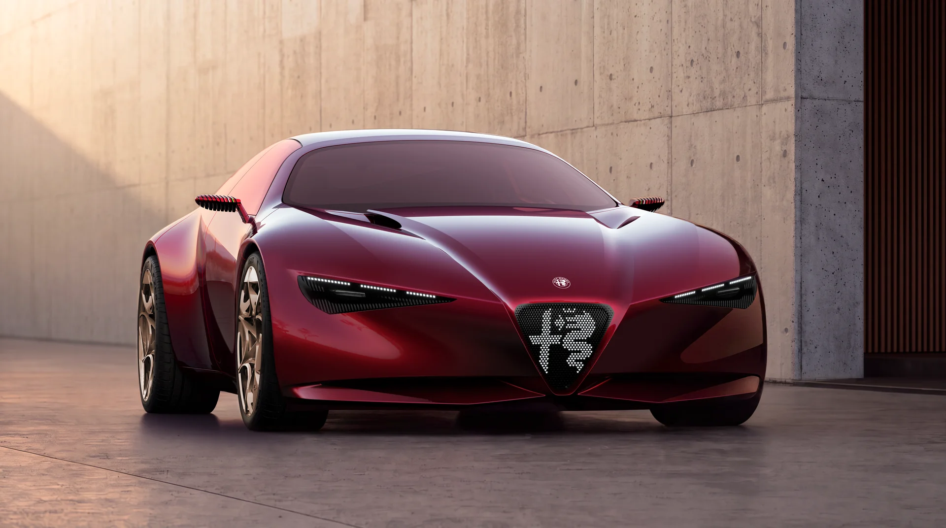 Alfa Romeo Cuorerosso zepředu s trojúhelníkovou maskou