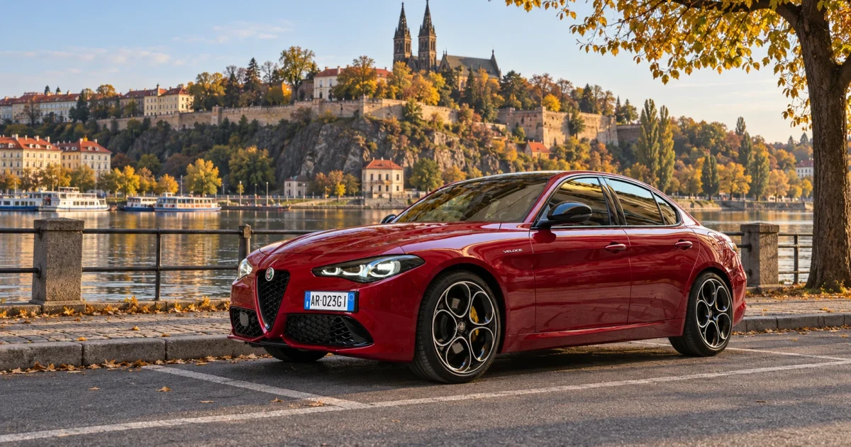 Červená Alfa Romeo Giulia Veloce po modernizaci v pražském Podolí s Vyšehradem v pozadí