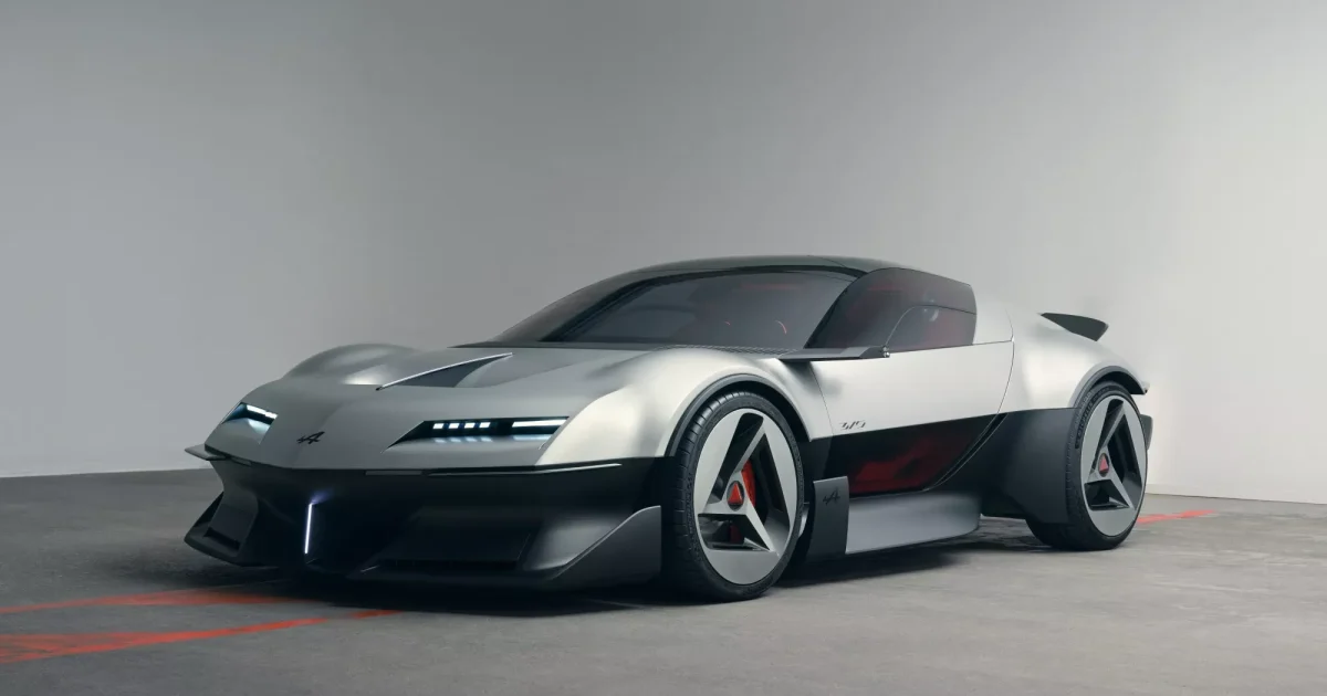 Alpine A310 Vision, celý koncept ve stříbrné barvě při pohledu šikmo zepředu