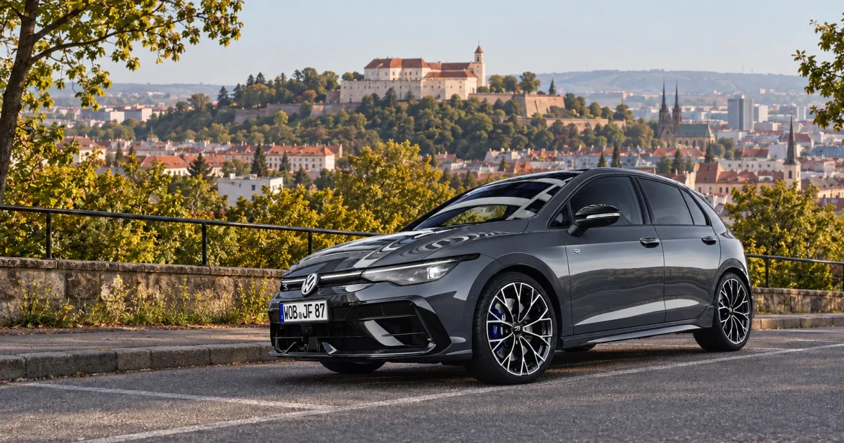 Volkswagen Golf R po faceliftu v šedém laku, redakční kompozice s výhledem na Brno a Špilberk