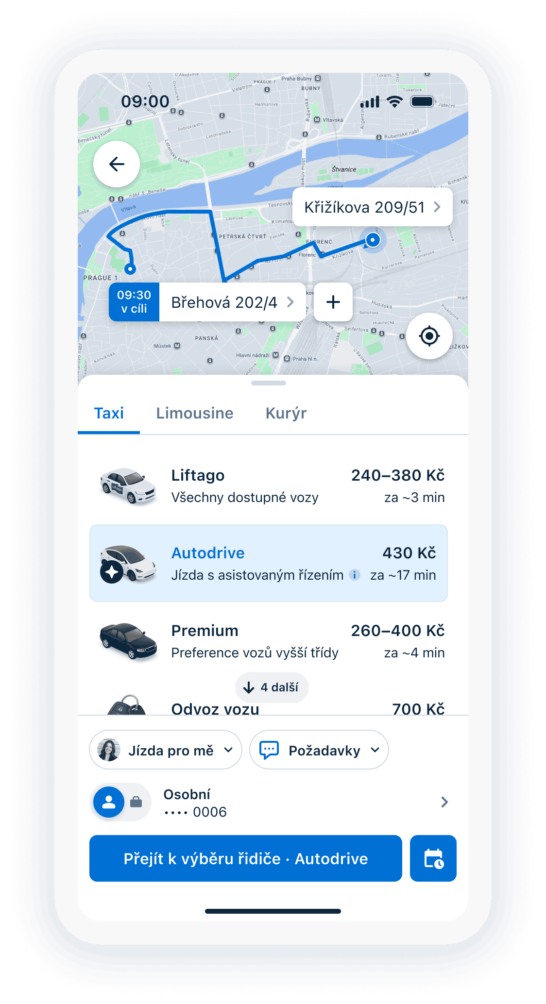 Ukázka aplikace Liftago s vybranou kategorií Autodrive pro jízdu s asistovaným řízením