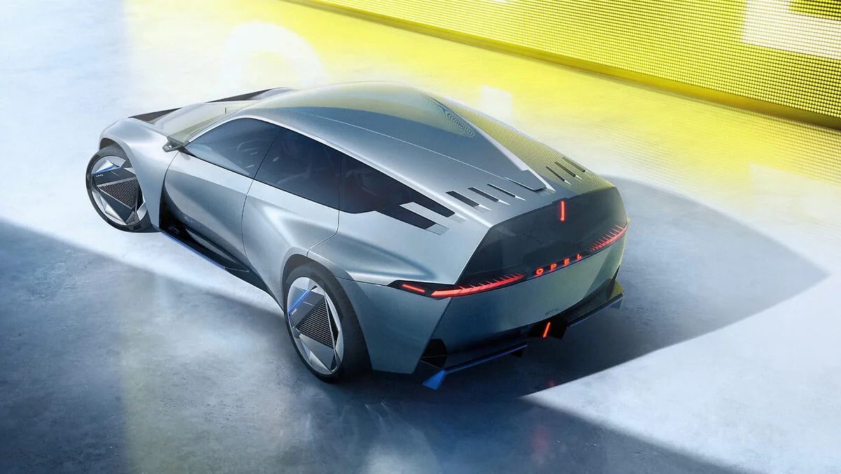 Opel STX Concept zezadu s modrými aerodynamickými prvky