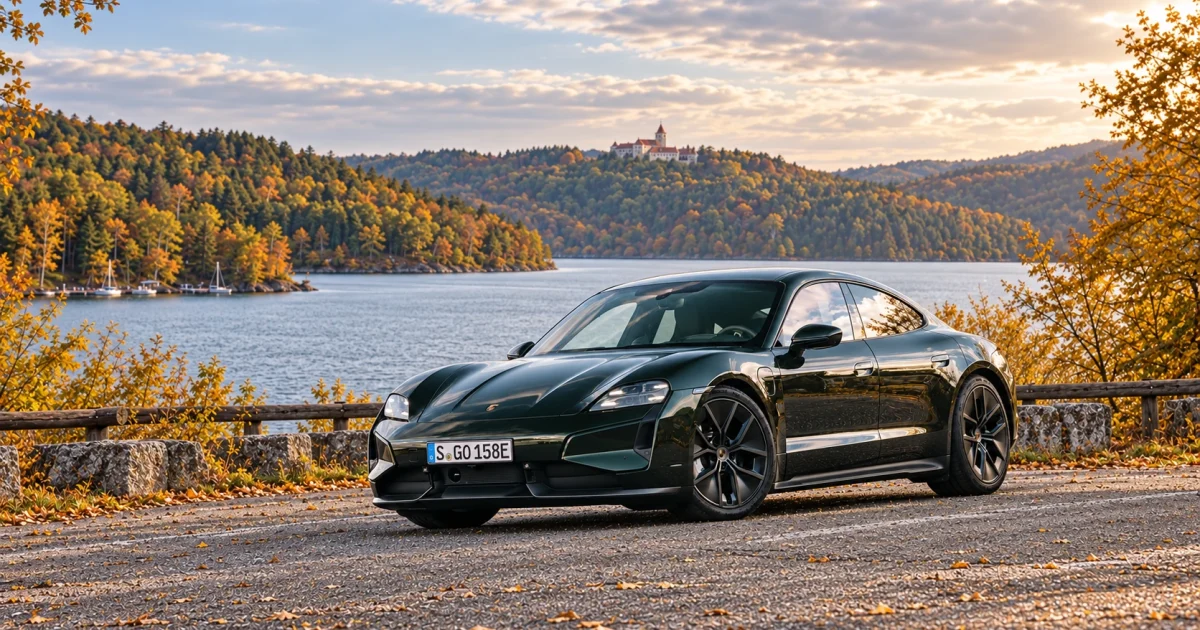 Porsche Taycan Turbo u Brněnské přehrady, redakční kompozice z fotografie vozu