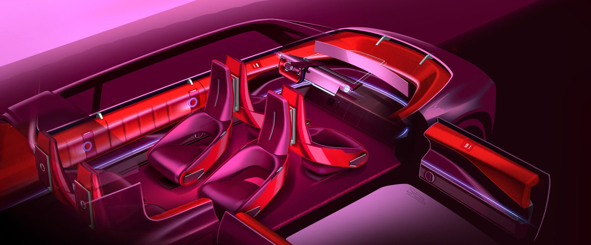 Interiér Renault E-Space Concept s displejem OpenR Panorama a šesti sedadly