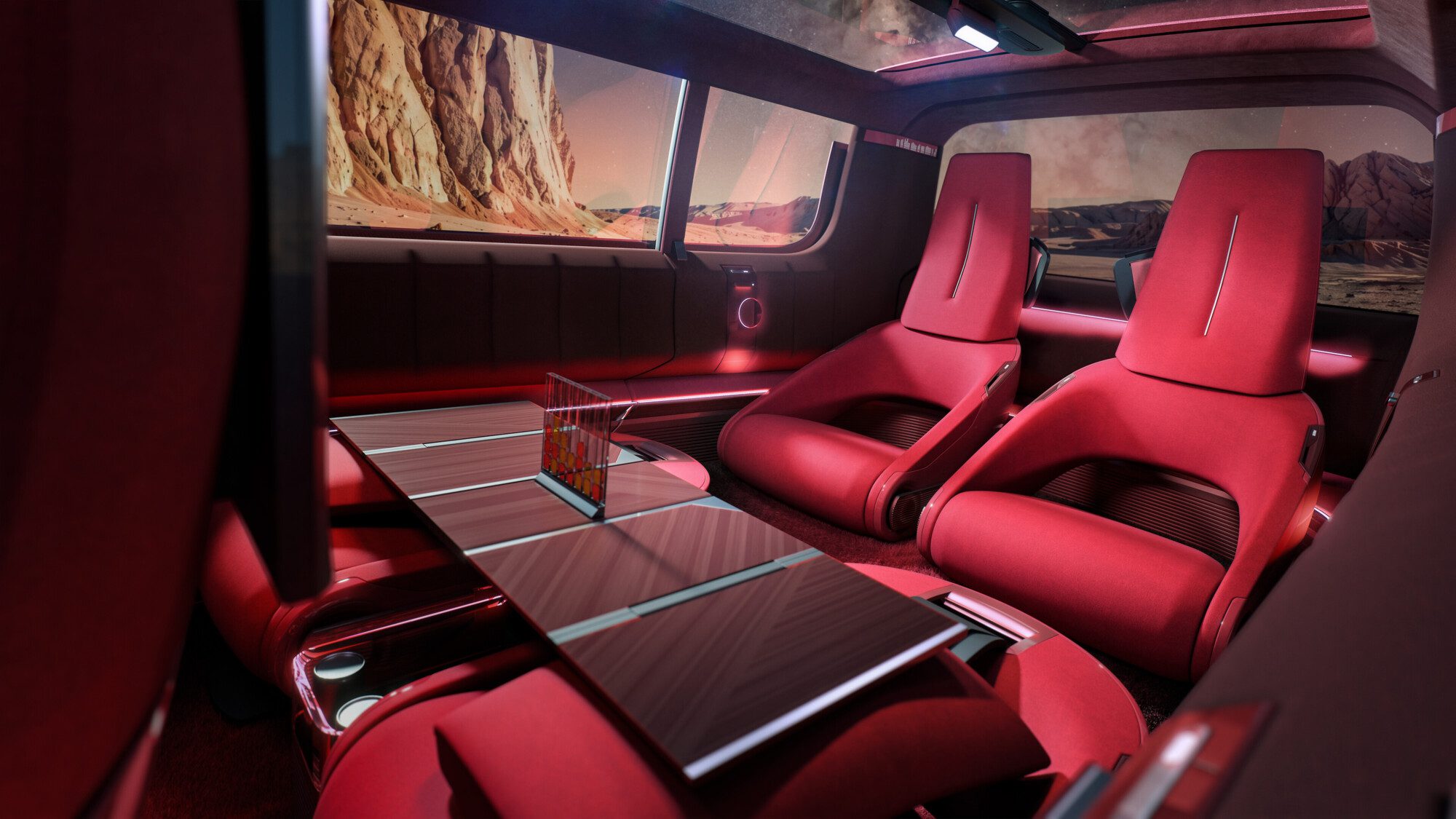Sedadla a stůl v interiéru konceptu Renault E-Space