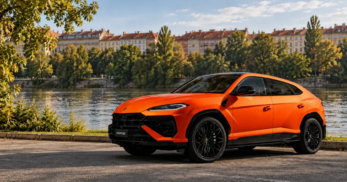 Lamborghini Urus SE v oranžovém laku, redakční kompozice s českým nábřežím